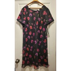 Amanda Smith II Woman Size 18W Black and Pink Floral Dress w/ Sheer Overlay $86